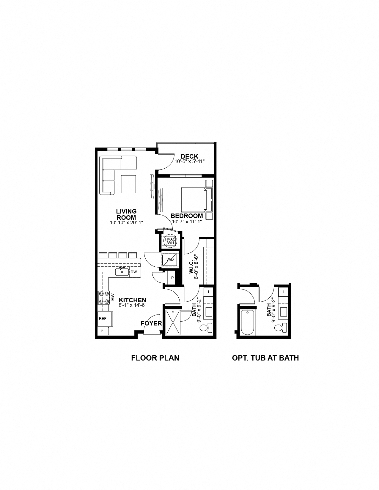 Floor plan for 1 bed, 1 bath, 701 sqft
